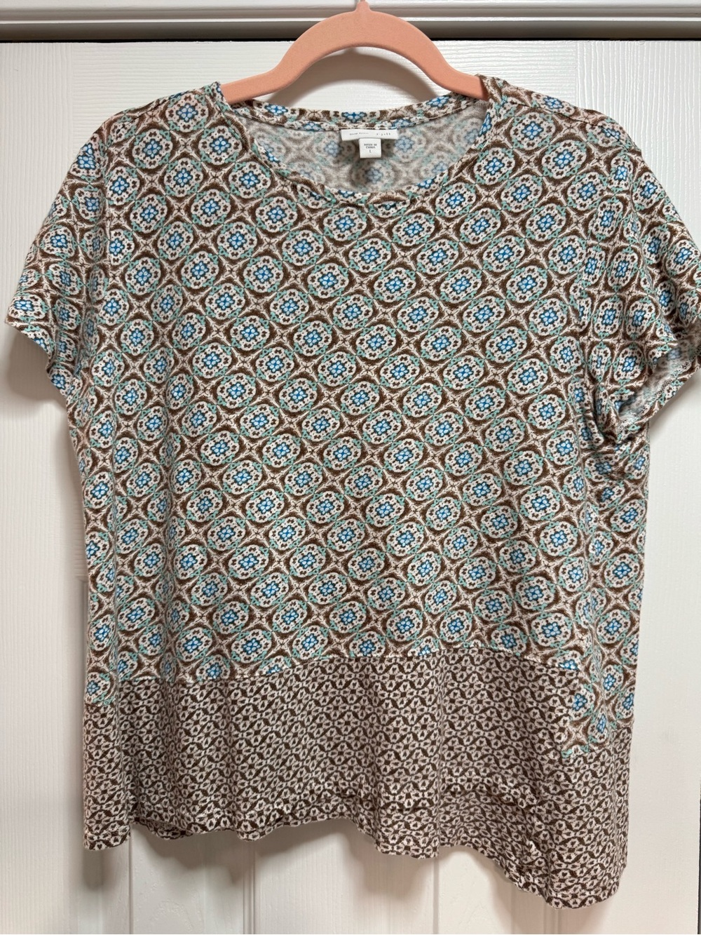 J. Jill Linen Brown and Light Blue Patterned Short Sleeve Tee